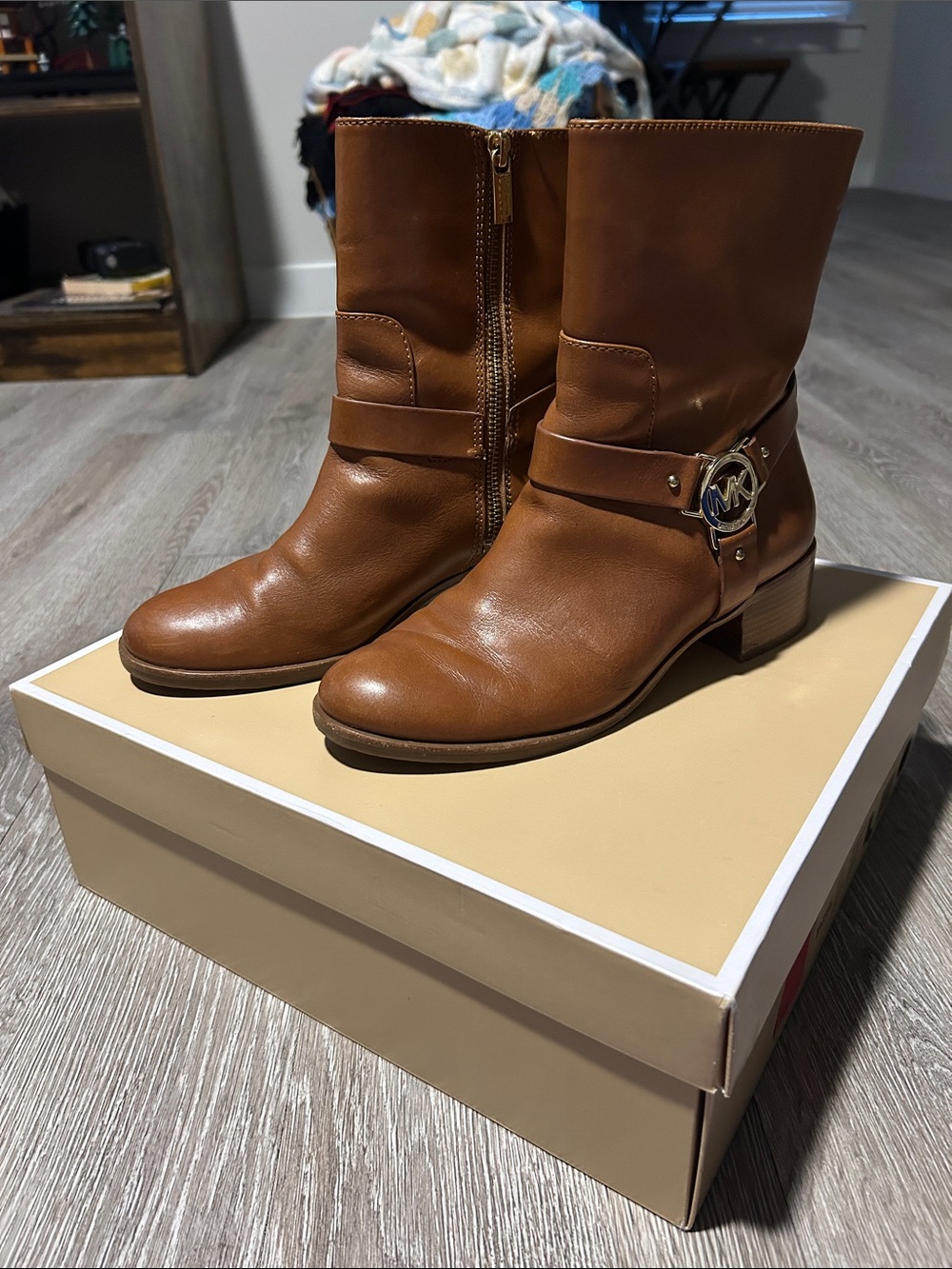 Michael Kors Tan Leather Mid-Calf Buckle Boots